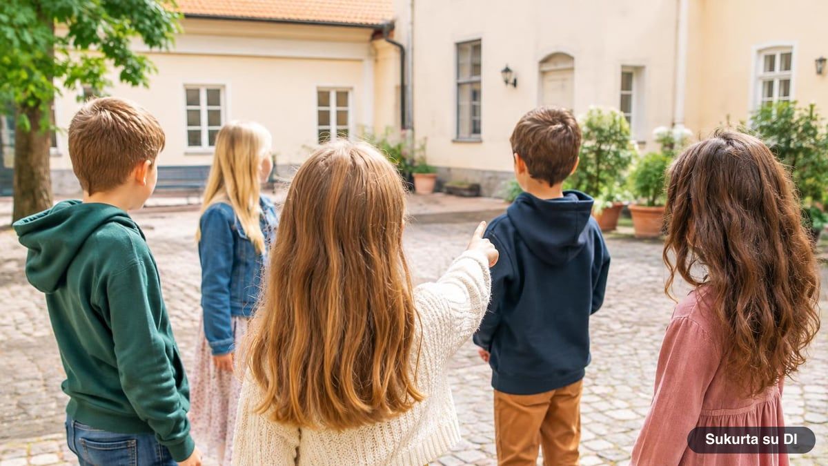 Vaikai stovi ratu kieme, o vienas rodo pirštu į kiekvieną iš eilės