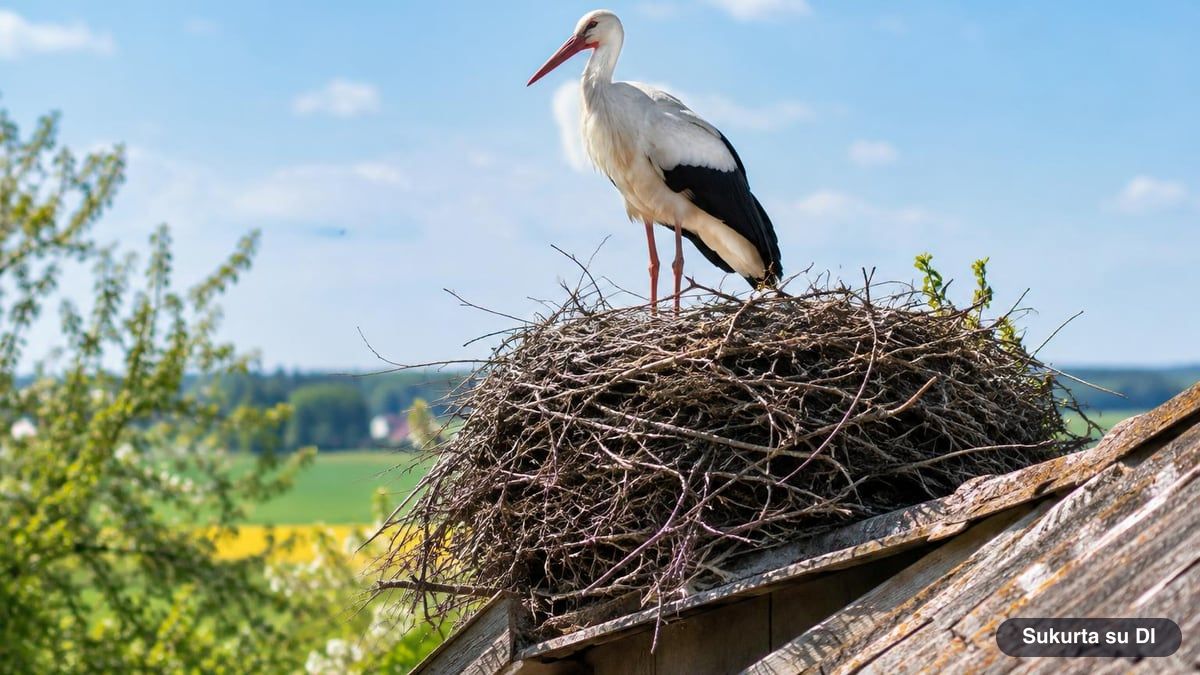 Gandras stovi lizde ant kaimo stogo, o apačioje matosi vaikų siluetai