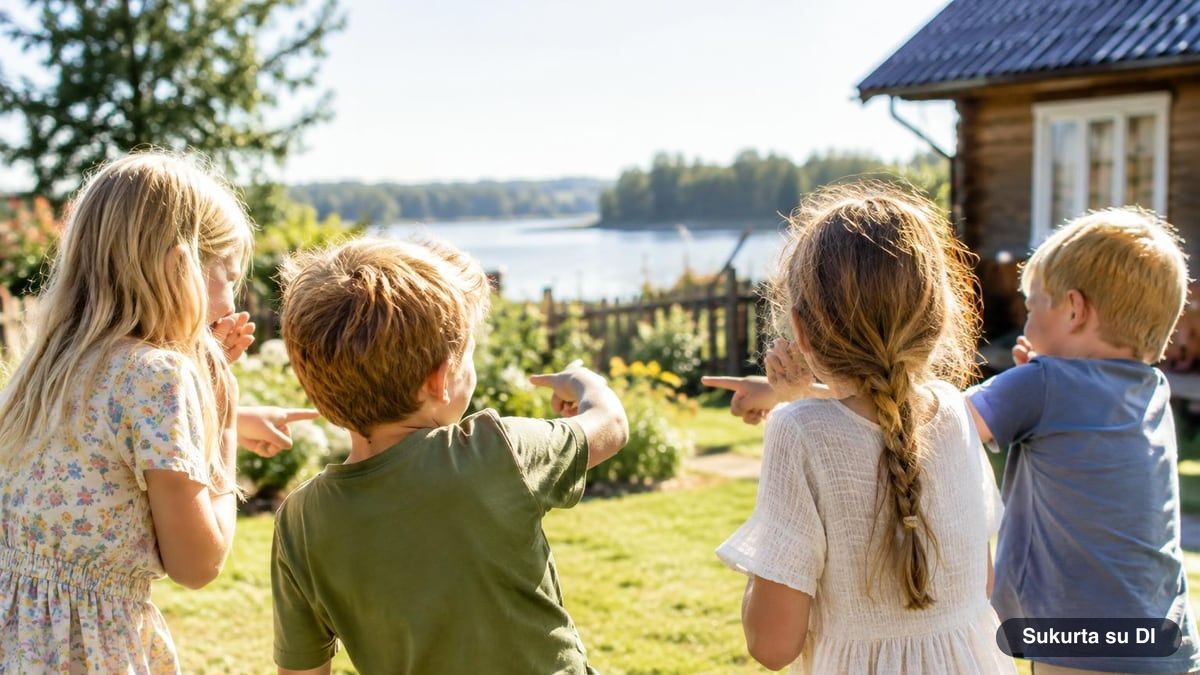 Vaikai juokiasi ir rodo pirštais vienas į kitą vasaros kieme
