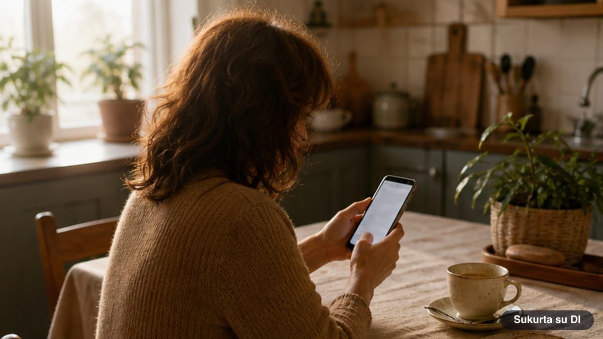 Moteris prie virtuvės stalo telefone sprendžia kryžiažodį su puodeliu arbatos