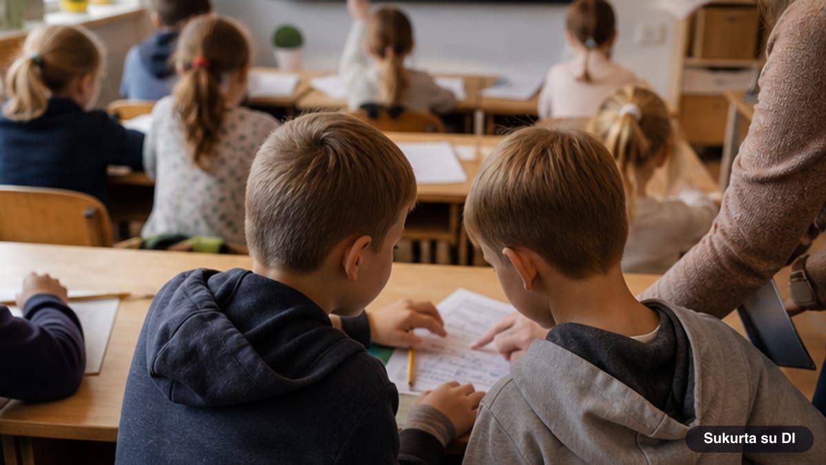 Pradinės mokyklos klasėje vaikai porose sprendžia atspausdintas užduotis ant suolų