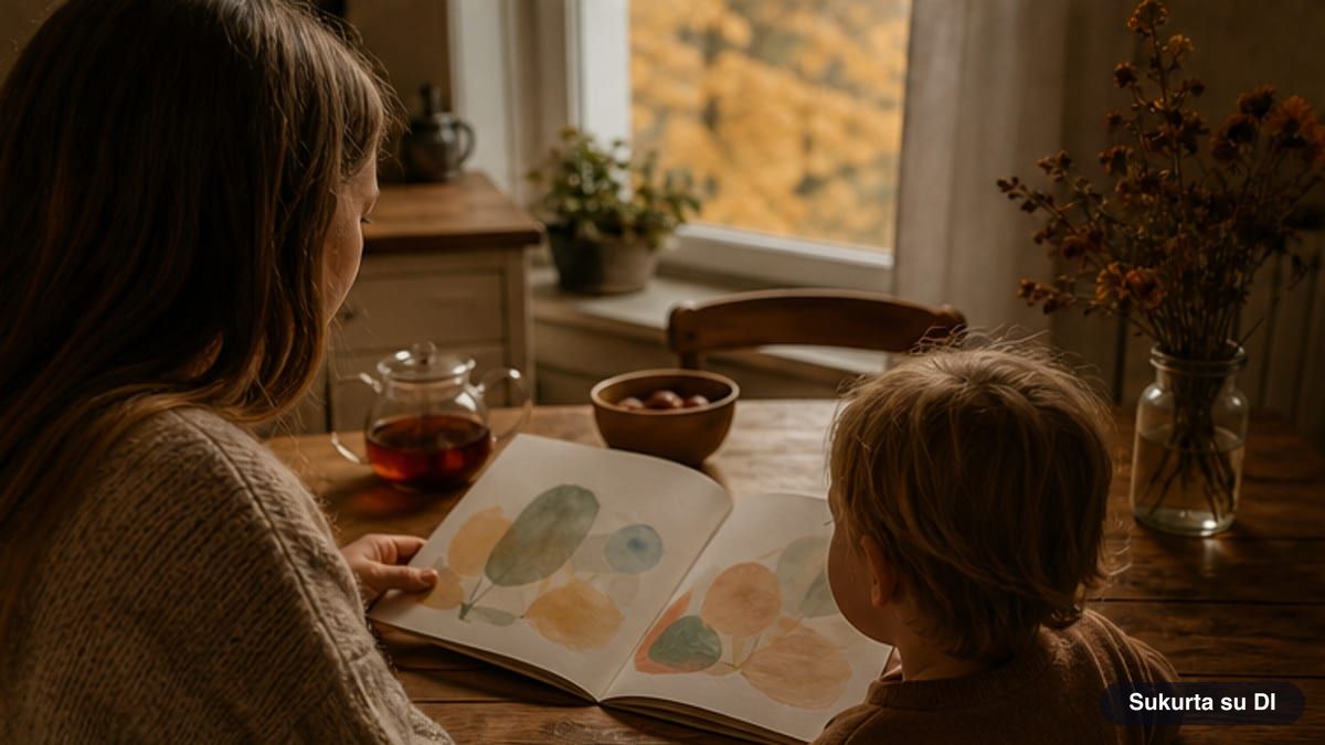 Mama ir vaikas prie virtuvės stalo kartu skaito mįslių knygelę