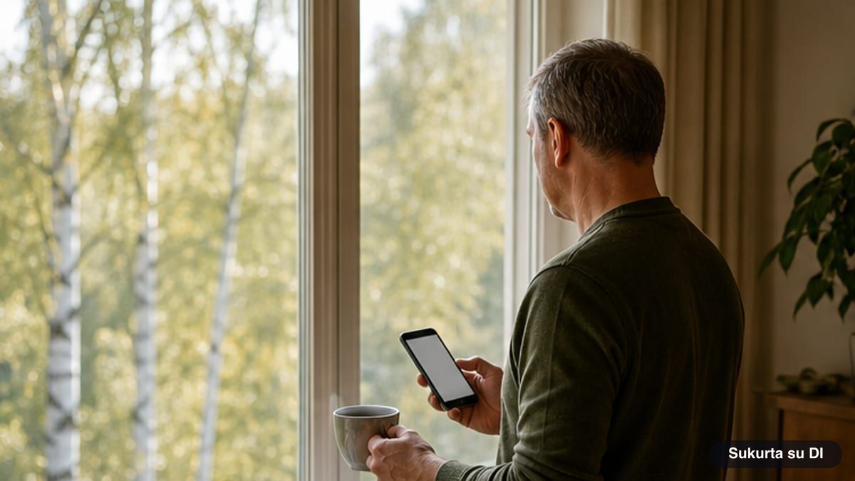 Vyras prie lango su puodeliu kavos sprendžia sudoku telefone