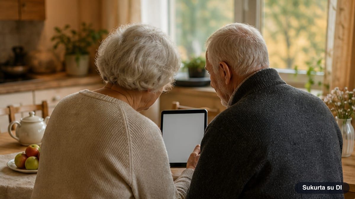 Senjorų pora prie medinio stalo kartu sprendžia sudoku planšetėje