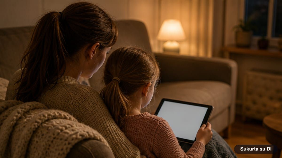 Mergaitė ant sofos su mama sprendžia sudoku planšetėje
