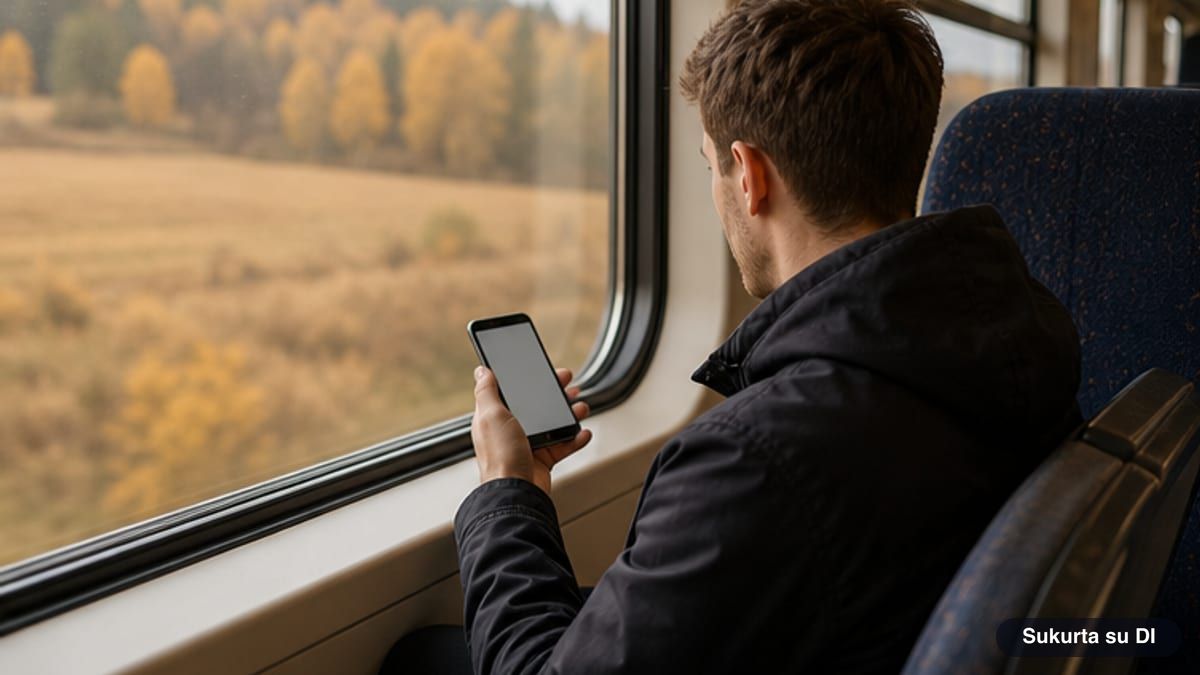 Jaunas vyras traukinyje ramiai sprendžia sudoku telefone
