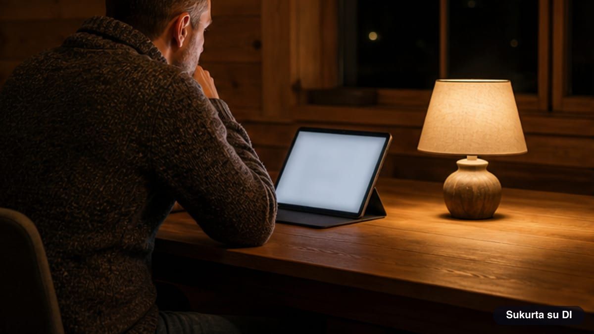 Vyras vakare prie medinio stalo susikaupęs sprendžia sudoku planšetėje šalia lempos
