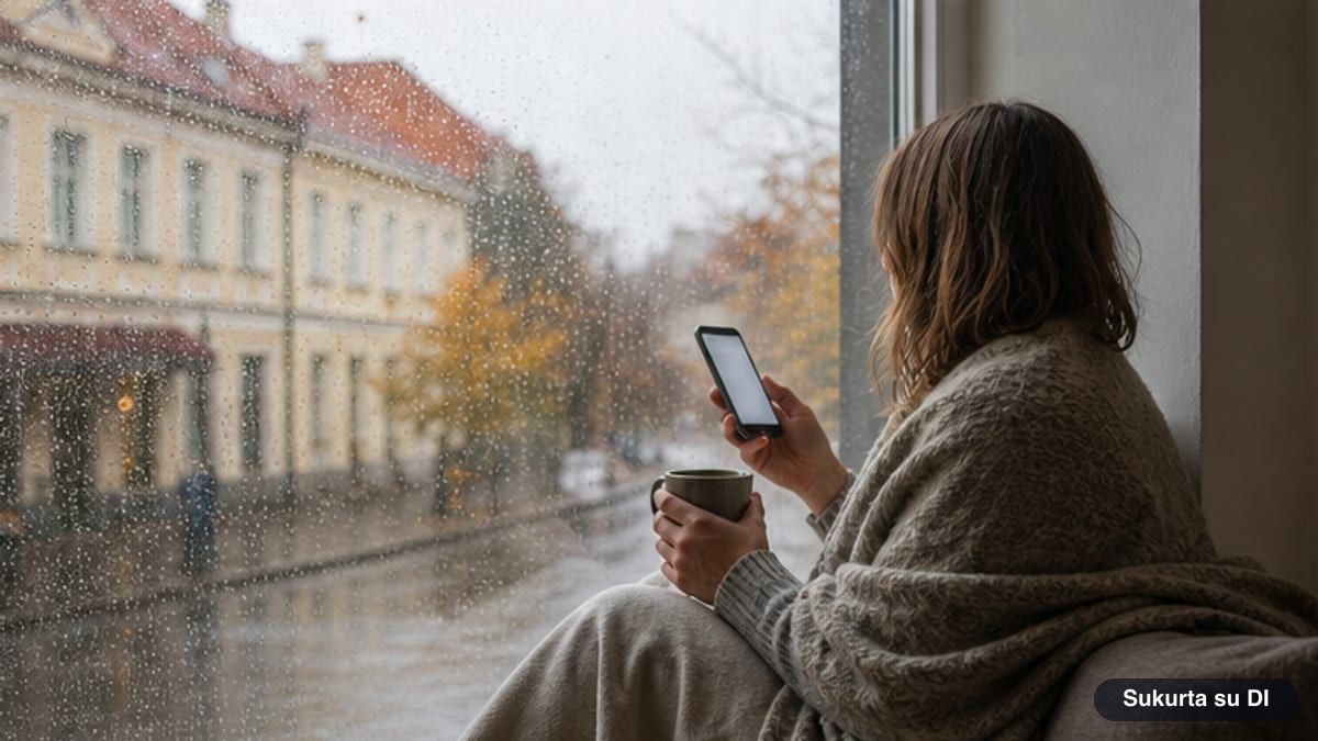 Moteris ant palangės su pledu ir arbata sprendžia sudoku telefone lietingą dieną