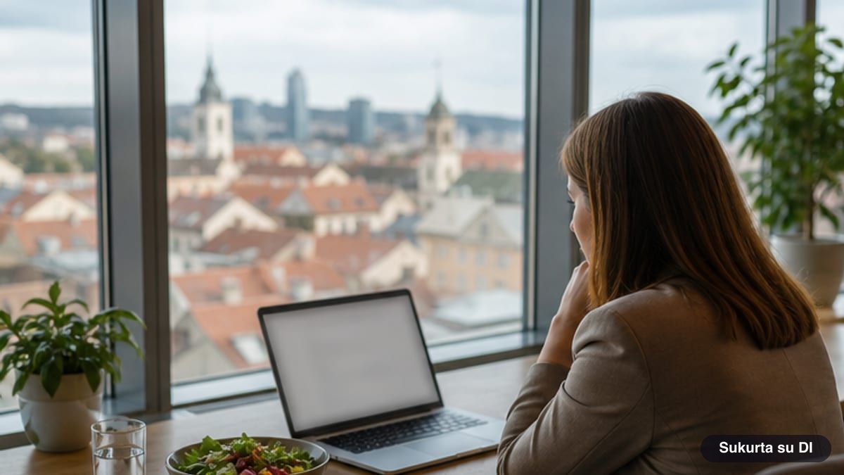 Moteris biuro pertraukos metu prie lango sprendžia sudoku nešiojamajame kompiuteryje