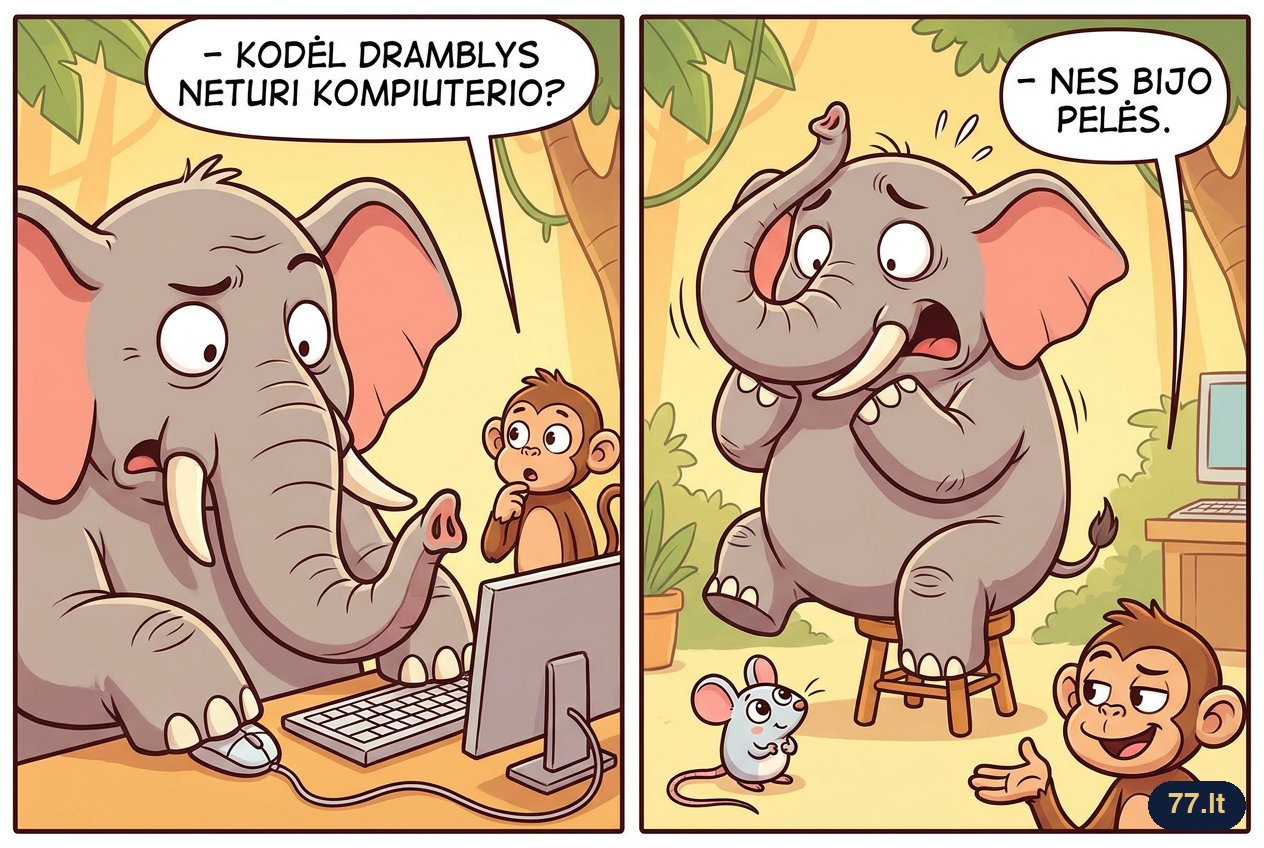 – Kodėl dramblys neturi kompiuterio? – Nes bijo pelės.