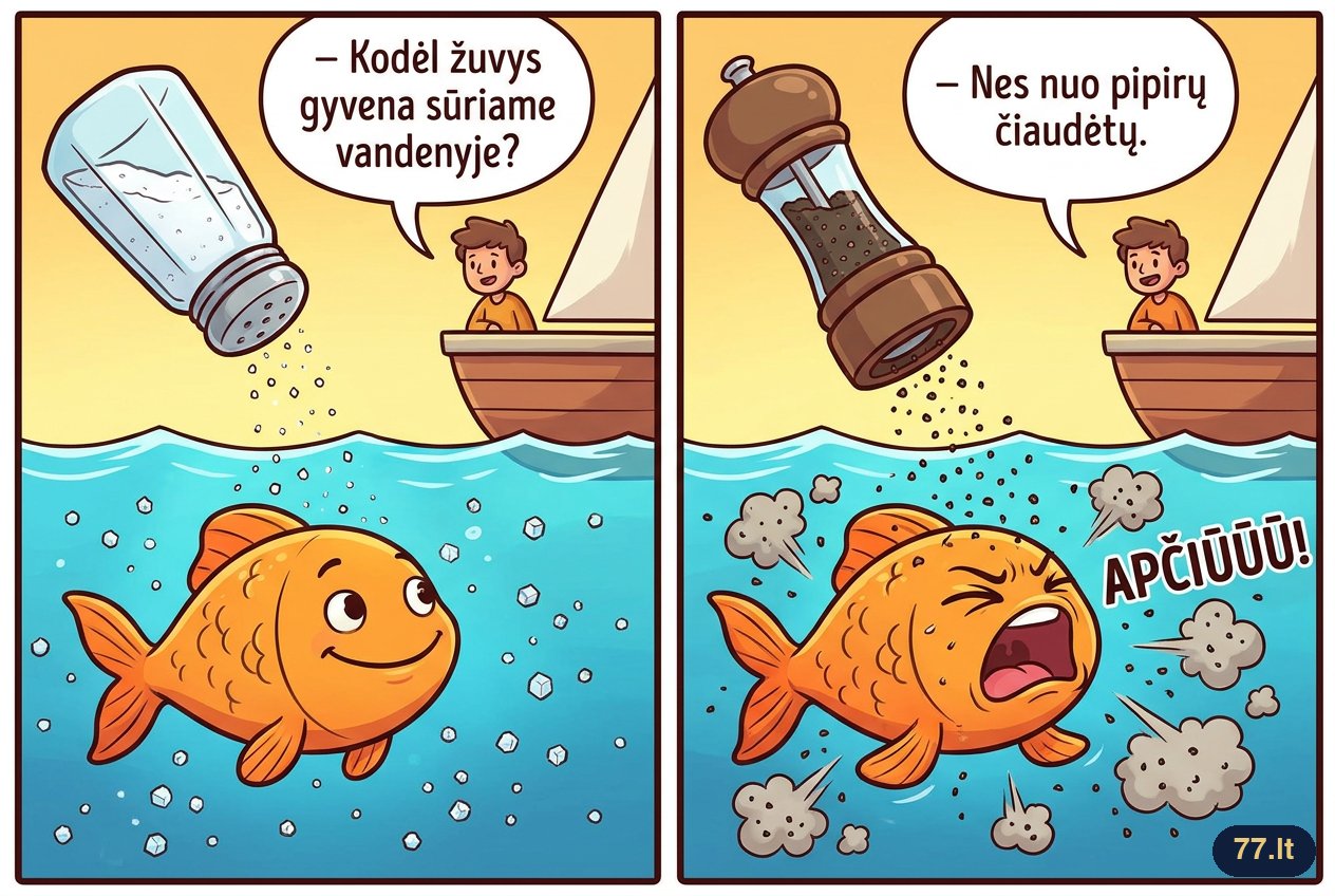 – Kodėl žuvys gyvena sūriame vandenyje? – Nes nuo pipirų čiaudėtų.