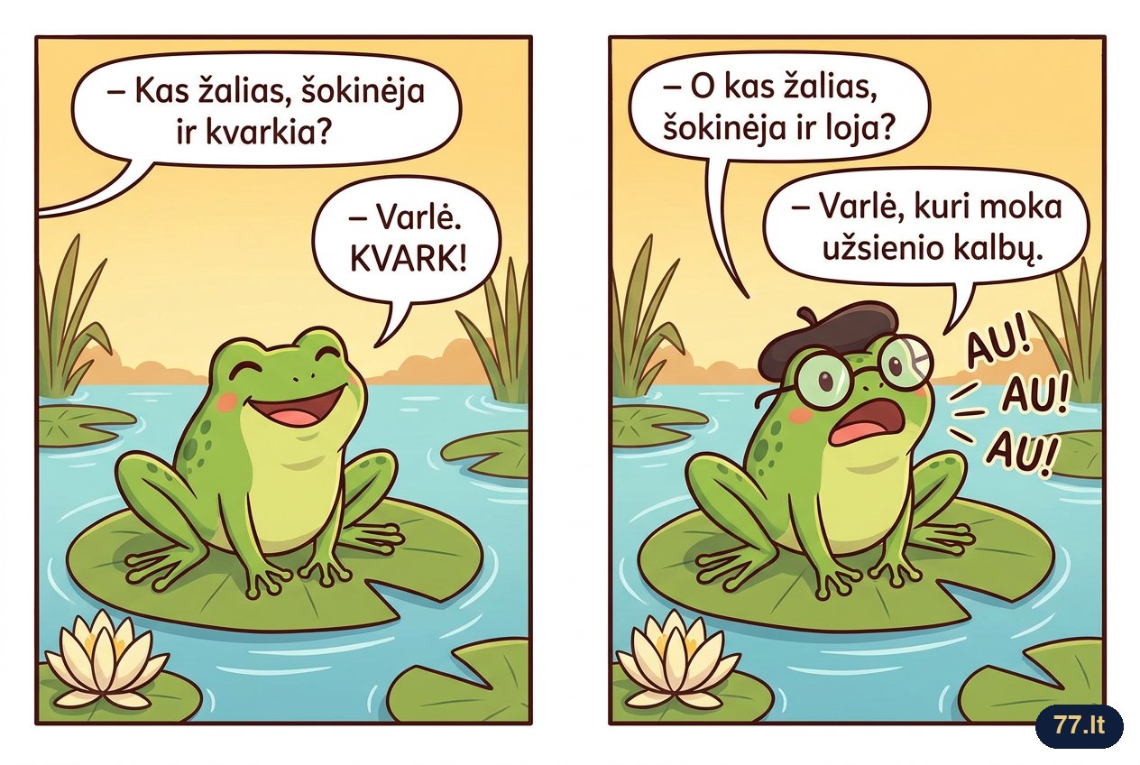 – Kas žalias, šokinėja ir kvarkia? – Varlė. – O kas žalias, šokinėja ir loja? – Nežinau. – Varlė, kuri moka užsienio kalbų.