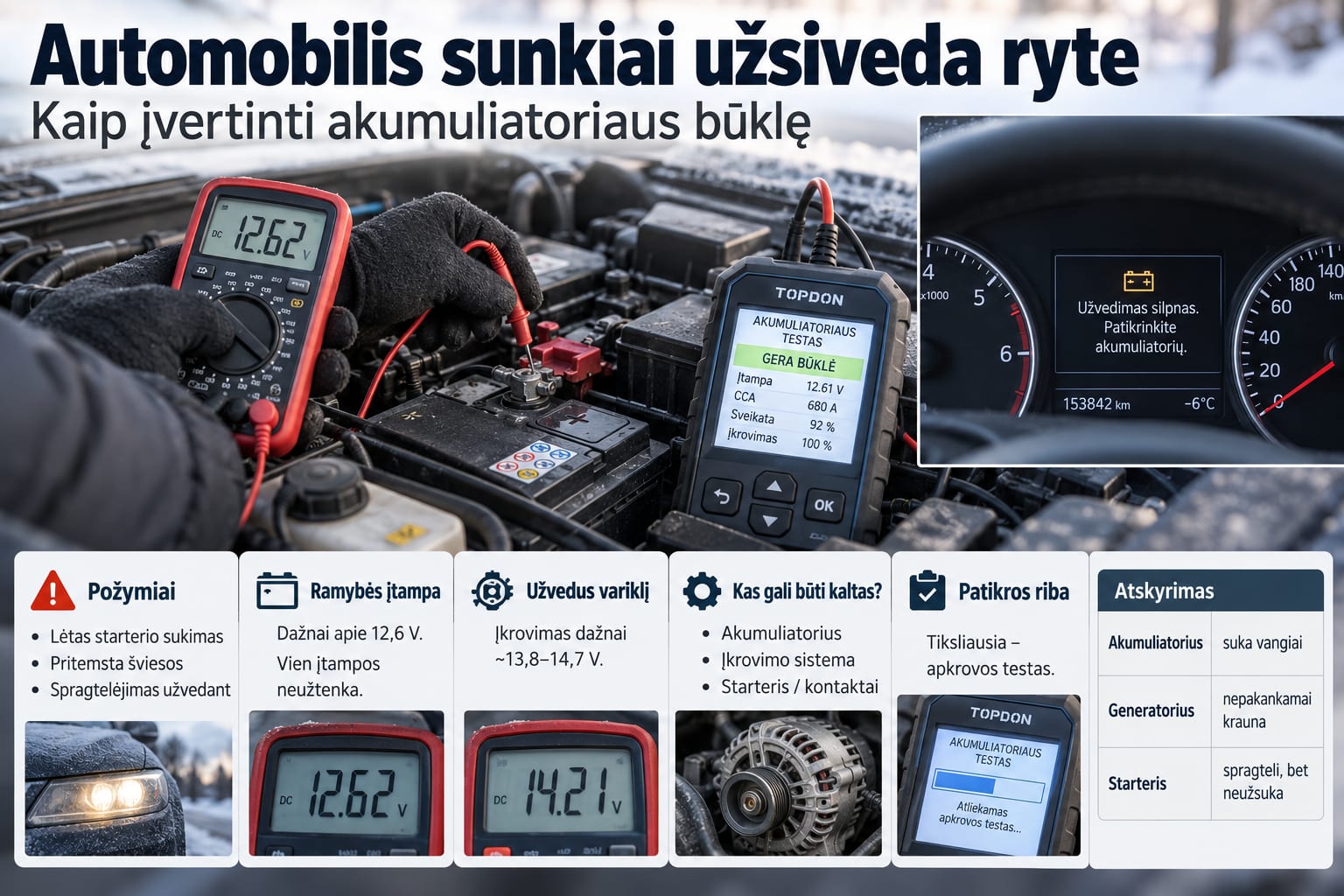 Automobilis sunkiai užsiveda ryte