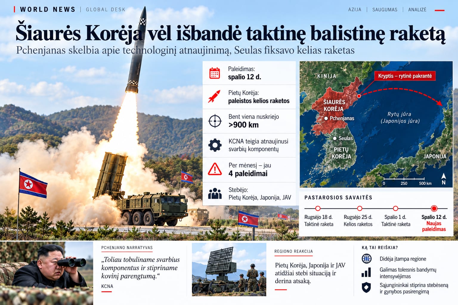 Šiaurės Korėja pirmadienį išbandė taktinę balistinę raketą