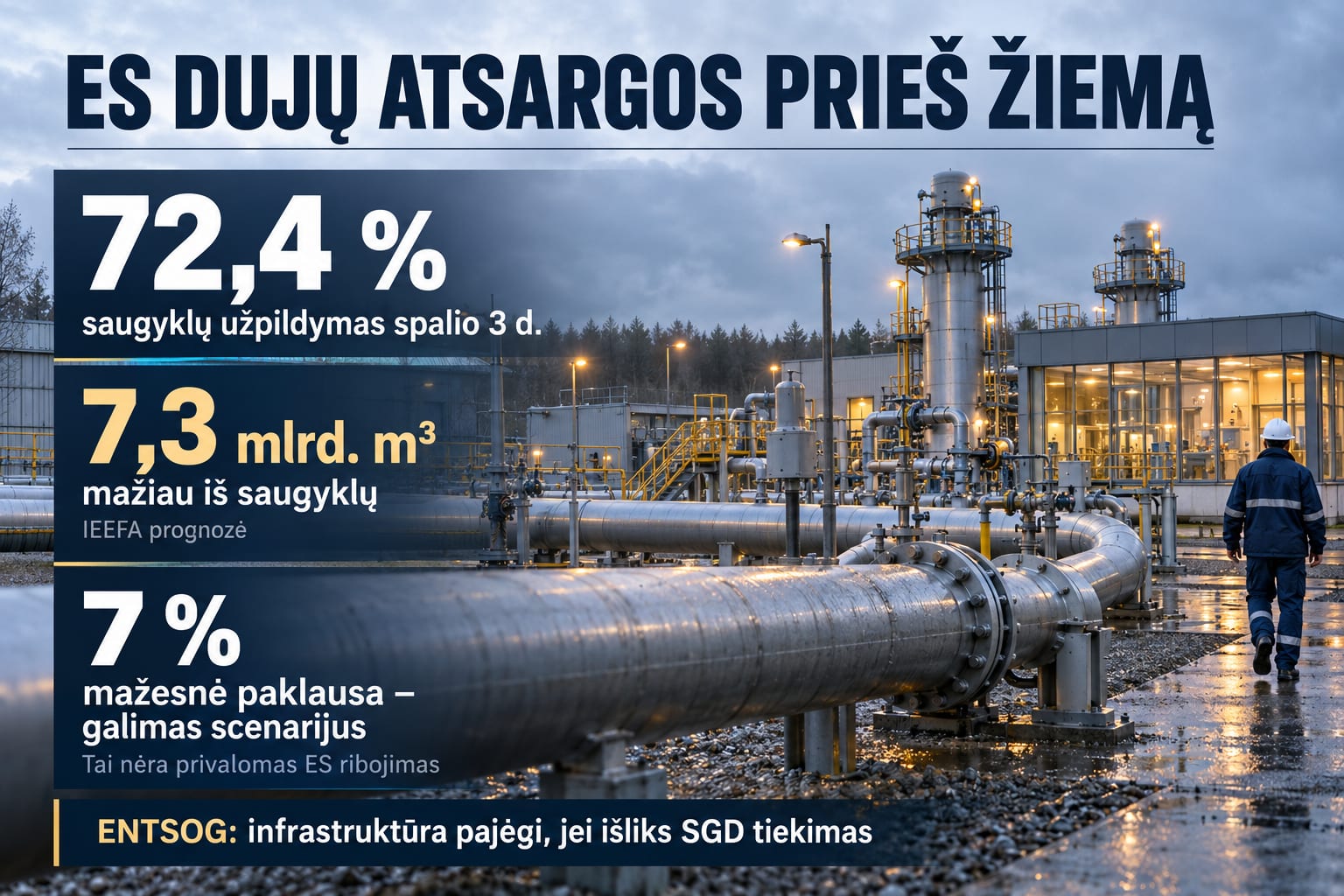 Europos Sąjunga artėja prie 2026–2027 m. šildymo sezono su neįprastai menkomis gamtinių dujų atsargomis