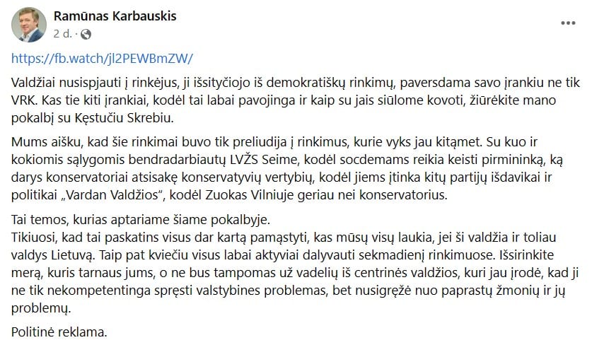 R. Karbauskio pasisakymas