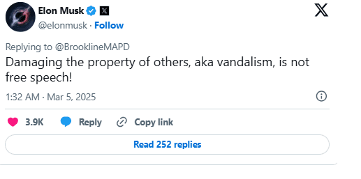 E. Musko teigimu, svetimo turto gadinimas, dar vadinamas vandalizmu, nėra žodžio laisvė. Socialinių tinklų įrašas