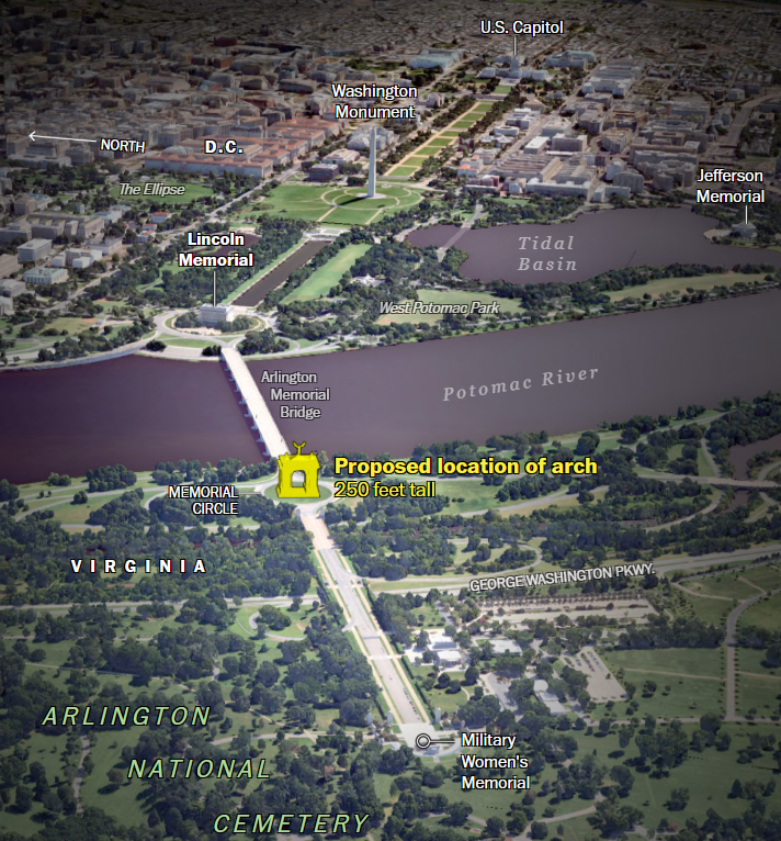 Trimfo arkos numatyta vieta Va&scaron;ingtone. Ekrano nuotrauka