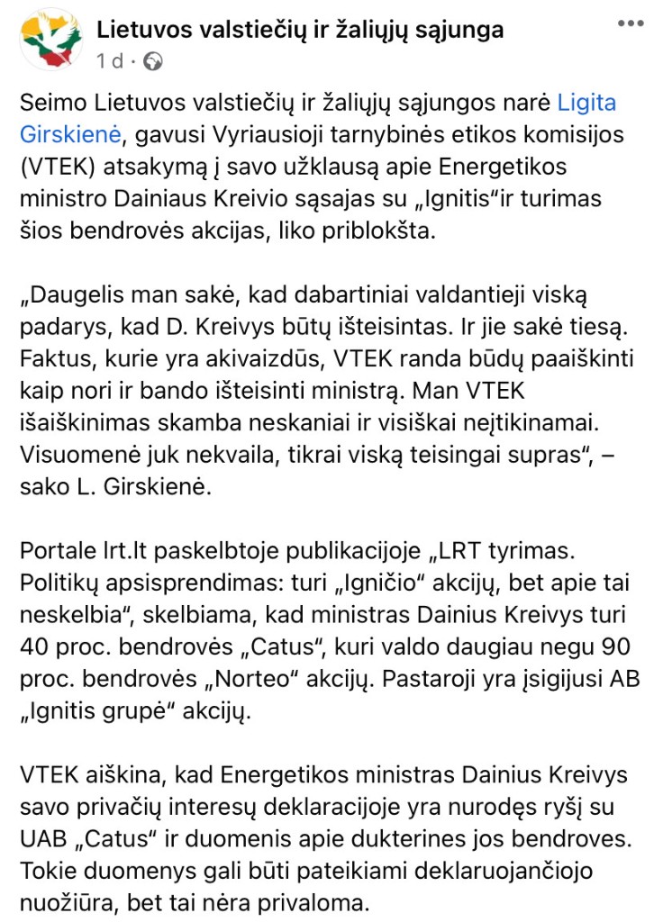 LVŽS pasisakymas