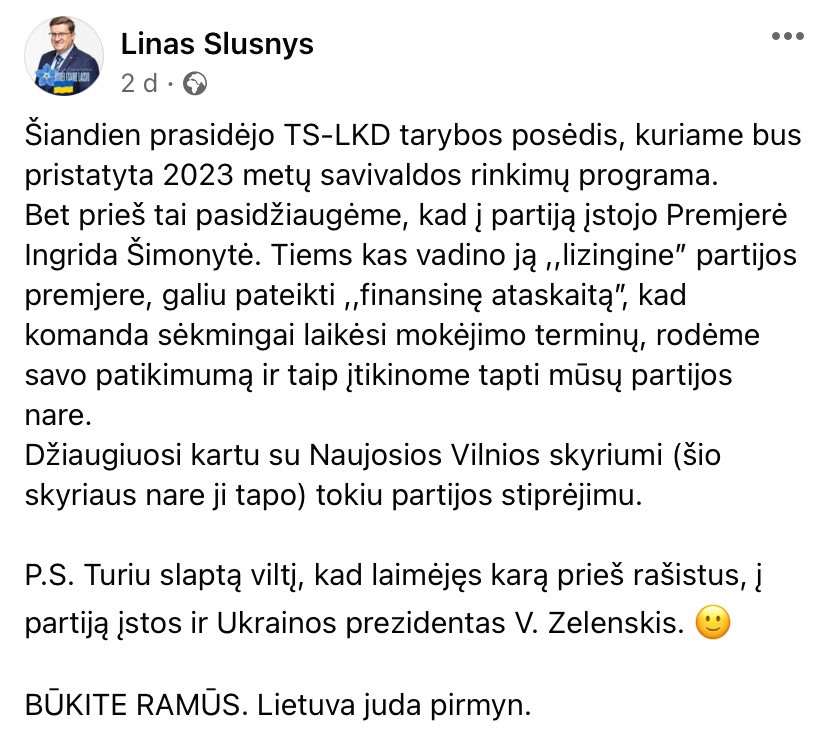 L. Slu&scaron;nio pasisakymas