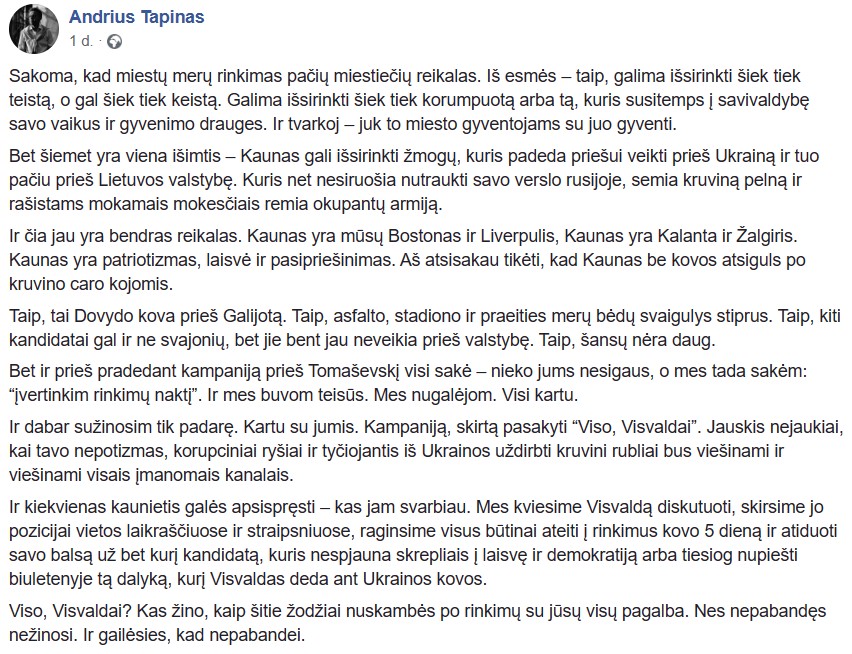 A. Tapino pasisakymas