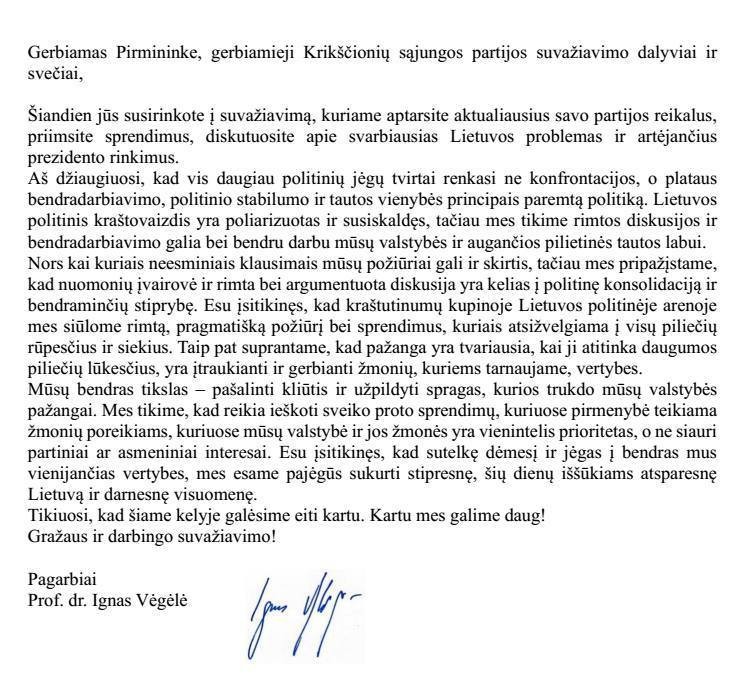 Prof. I. Vėgėlės kreipimasis