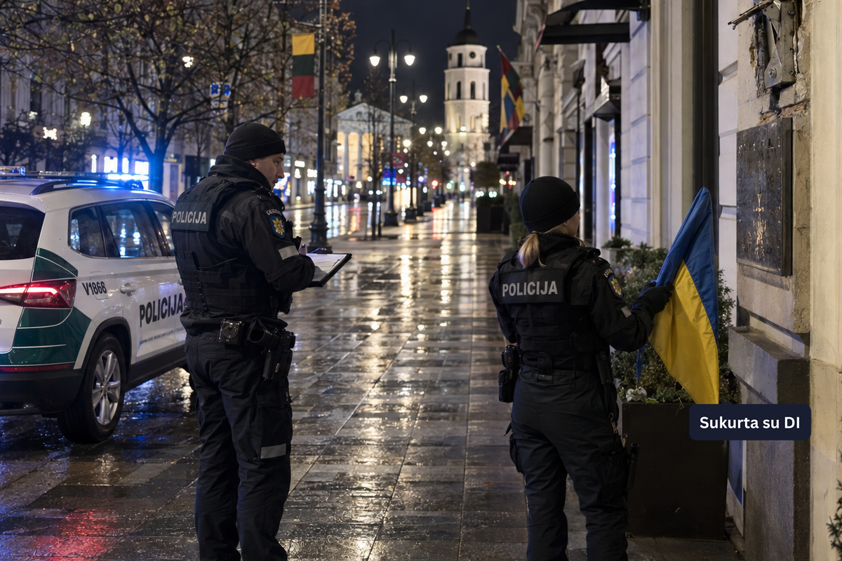 Policijos suvestinė: Vilniuje nulaužtas Ukrainos vėliavos kotas, rasti ginklai ir karo laikų sviedinys